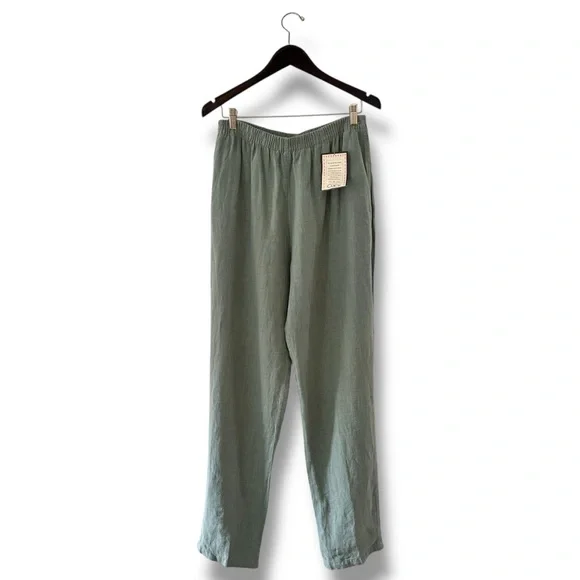 NWT Click Sage Green Linen Elastic Waist Pullon Pants Lagenlook Boho Size Large - Picture 1 of 9